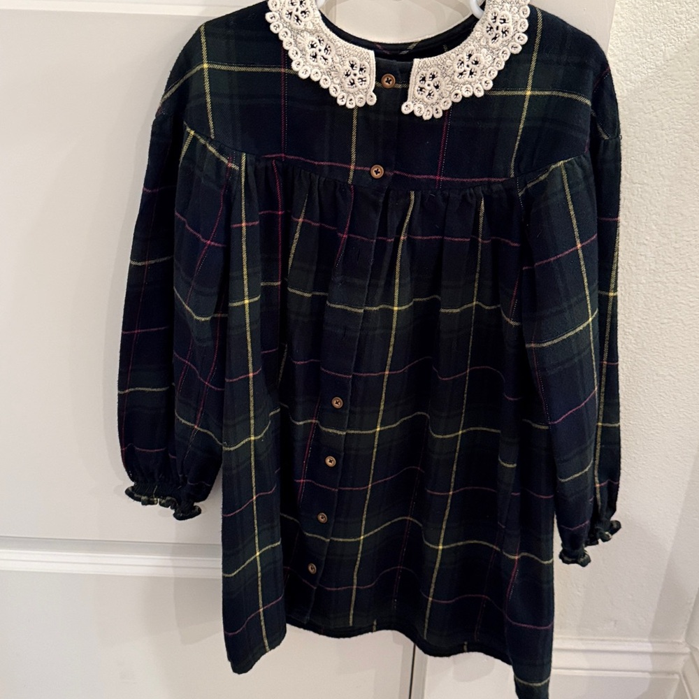 Next dark green and navy  Plaid Dress warm with Lace Collar